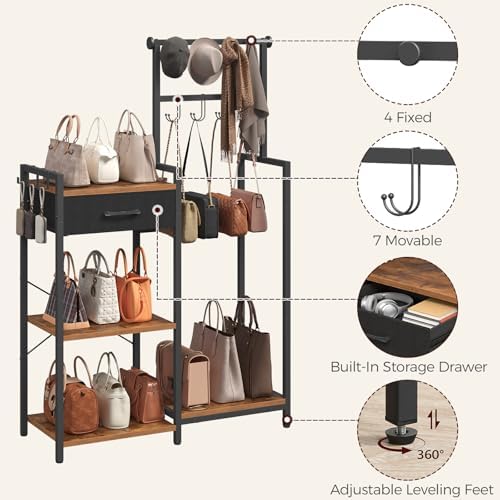 MAHANCRIS 3-Tier Tall Purse Organizer Rack with 11 Hooks & Pull-Out Drawer - Image 5