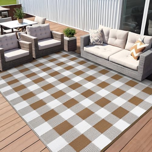 GlowSol 9x18 Outdoor Reversible Rug Waterproof UV Resistant Plastic Straw Rug Modern Outdoor Checkered Rug, Portable Picnic Mat with Stakes, Large Camping Carpet for Backyard, Balcony, Brown - Image 2