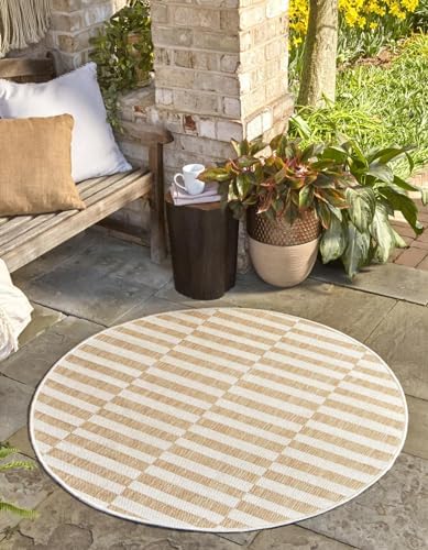 Unique Loom Outdoor Striped Collection Area Rug - Striped (5' 3" Round Taupe/Ivory) by UniqueLoom