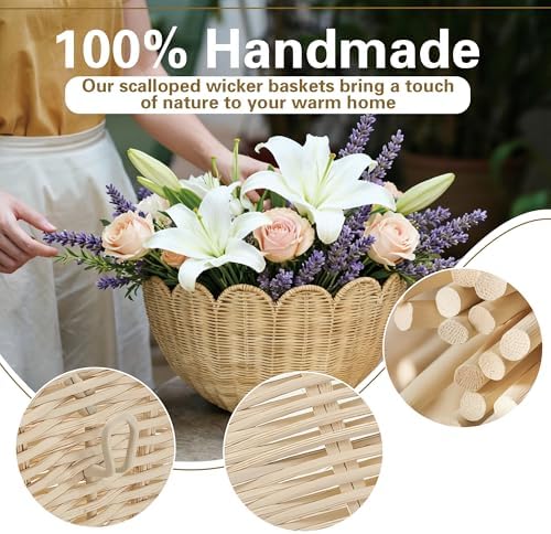 Set of 2 Scalloped Woven Rattan Wall Hanging Baskets, Decorative Wall Storage Baskets for Nursery, Bathroom, Kitchen, Farmhouse & Entryway Decor - Image 3