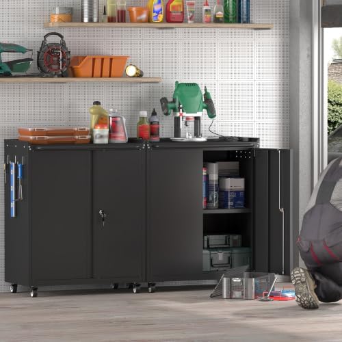 GREATMEET Garage Storage Cabinet with Wheels, Lockable Metal Storage Cabinet, Rolling Tool Cabinet with Adjustable Shelf, Push Handle for Shop, Home, Office, Black - Image 2