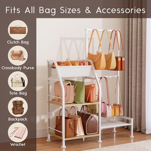 Homsorout Purse Organizer for Women - 3-Tier Storage Stand & 12 Fixed Hooks, Visible Backpack Storage, Space-Saving Bag Organizer Rack for Home, Closet, White - Image 5