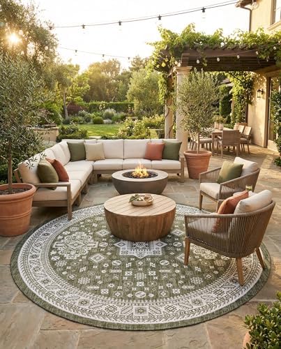 Rugs.com - Outdoor Aztec Rug – 13 Ft Round Green Indoor/Outdoor Rug – Washable, Stain-Resistant, Perfect for Patios and Decks by Rugscom