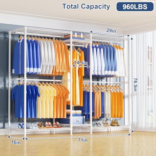 Ulif E12 Pro Clothes Rack，Heavy Duty Freestanding Garment Rack with Shelves，Metal Clothing Closet Storage System for Hanging Clothes，71" W x 16" D x 76.5" H, Hold 960 lbs，White - Image 2