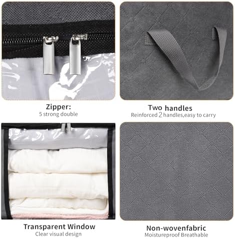 BiCINE 8 Pack Clothes Storage Bags with Zipper, 45L Foldable Blanket Storage Bag with Clear Window Sturdy Handles for Closet, Dorm, Pillows, Bedding, Sheet, Comforter, Gray - Image 3