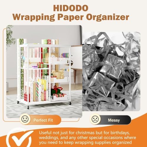 Wrapping Paper Organizer Storage with Wheels, Rolling Gift Wrap Cart with Ribbon and Gift Bag Storage, Craft Organization with 20 Roll Holders and 3 Drawers, White - Image 6
