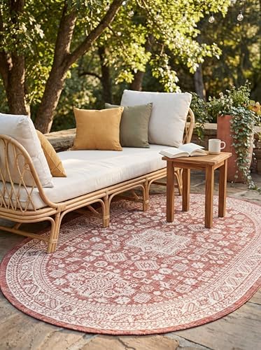Rugs.com Outdoor Aztec Collection Rug – 5' x 8' Oval Rust Red Flatweave Rug Perfect for Living Rooms, Large Dining Rooms, Open Floorplans by Rugscom