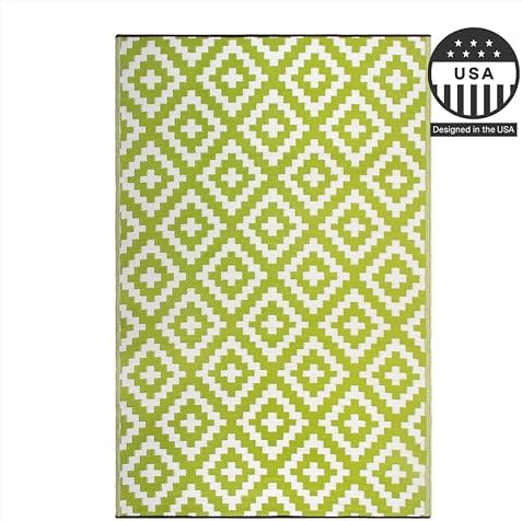 FH Home Outdoor Rug - Waterproof, Fade Resistant, Reversible - Premium Recycled Plastic - Geometric - Large Patio, Deck, Sunroom, Camping, RV - Aztec - Green & White Crease Free - 6 x 9 ft - Image 4
