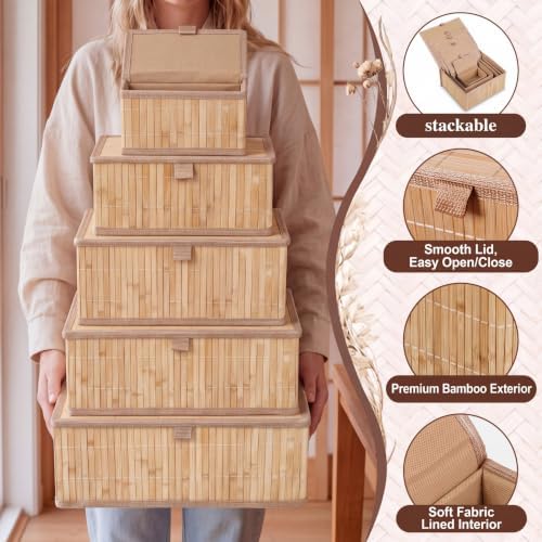 Newtay Set of 5 Large Bamboo Decorative Storage Boxes with Lids - Image 3