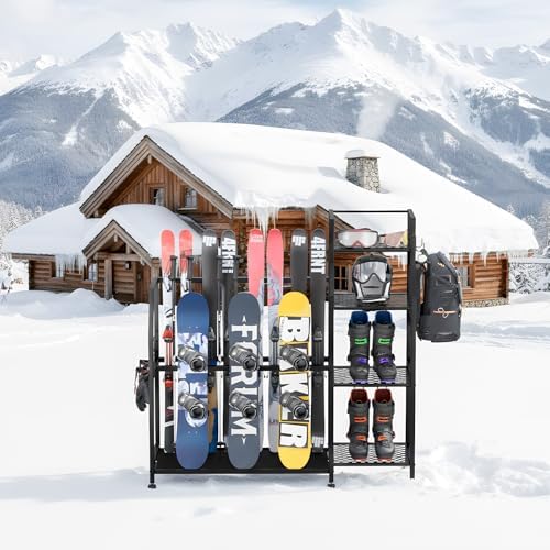 Kikihouse 4-Tier Freestanding Snowboard Rack for 4 Pairs of Skis, 3 Snowboards, Boots, Poles, Goggles, Helmets, Ski Storage Rack with Adjustable Shelves, Snowboard Stand for Home, Garage - Image 5
