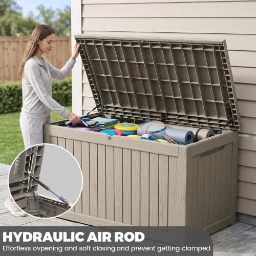 275 Gallon Resin Deck Box Waterproof Outdoor Storage Box for Patio Furniture Pool Accessories Indoor Storage for Cushion Garden Tools, Grey - Image 6