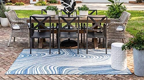 Unique Loom Outdoor Modern Collection Area Rug - Pool (7' 1" x 10' Rectangle, Blue/ Ivory) - Image 3