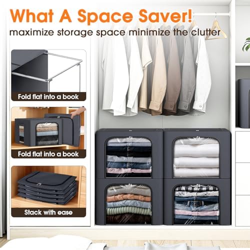 6 Pack Clothes Storage Bins with Metal Frame,40L Storage Bags Fabric Box Organizer with Clear Window,Zippers,Sturdy Handles(6 Pcs,Light Grey,40L) - Image 3