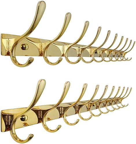 SKOLOO Coat Rack Wall Mounted - 10 Hooks, Pack of 2, Heavy Duty, Stainless Steel, Metal Wall Hangers, Sturdy Coat Hooks for Hanging Coats, Jacket, Clothes, Hat, Bright Gold by SKOLOO