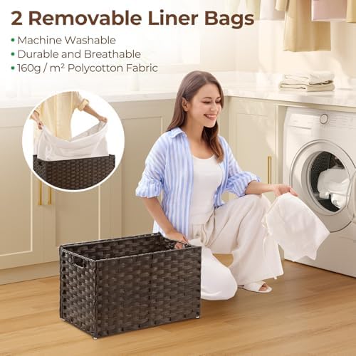GREENSTELL Storage Basket with Lid, 17.2 Gallon(65L) Small Wicker Blanket Storage Basket with Handles, Foldable, 2 Removable Liner Bags, Metal Frame, for Bedroom, Laundry Room, Brown,22.2"*13.4"*13.4" - Image 6