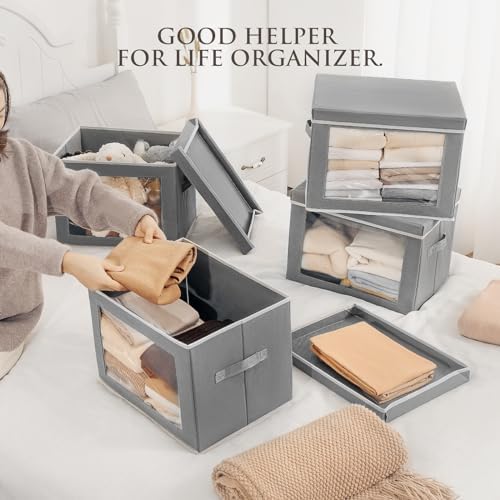 Homsorout Storage Bins with Lids, 4 Pack Large Storage Cubes with Window, Closet Bins with Lids & Handles, Fabric Box for Organizing Clothes, Towels, Books, Grey - Image 3