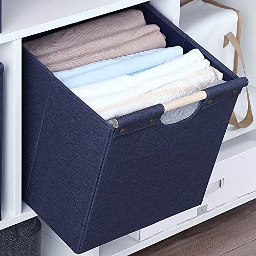 HOONEX Collapsible Storage Bins, 12x12x12in Storage Cubes Linen Fabric, 3 Pack, Storage Baskets with Wooden Carry Handles and Sturdy Heavy Cardboard, for Home, Office, Car, Nursery, Blue - Image 5