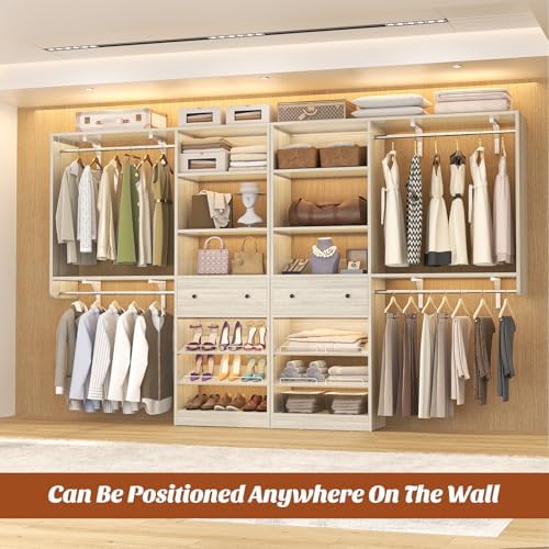 Closet System with Drawer - Reversible 5FT Wood Closet Organizer System with 2 Hanging Rods and Adjustable Shelf, Walk In Closet Organizers with Shoe Rack, Built-In Garment Rack, White Oak - Image 2