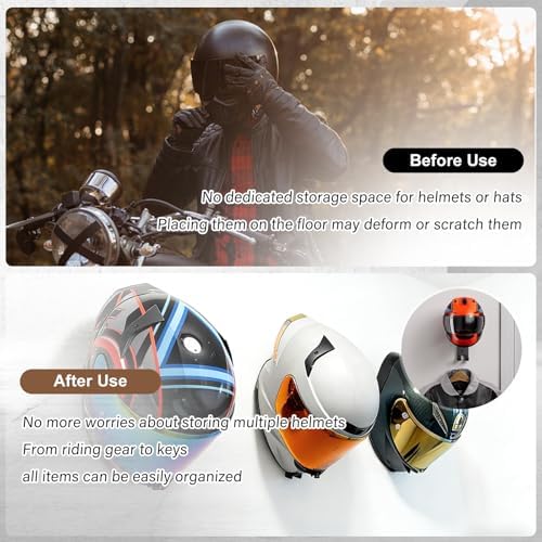 Motorcycle Helmet Holder Wall Mount - Heavy Duty Helmet Hanger Rack with 2 Key Hooks, Solid Wood & Strong Steel Design for Bike, Football, Skiing Sports Gear, Jackets & Hats (Yellow*6) - Image 2