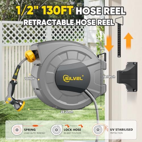 Retractable Garden Hose Reel, 1/2" x 130ft Wall Mount Heavy Duty Automatic Hose Reel with 10 Pattern Nozzle, Any Length Lock & Slow Return System, 180°Swivel Bracket Upgraded UV Resistant,Yellow - Image 4