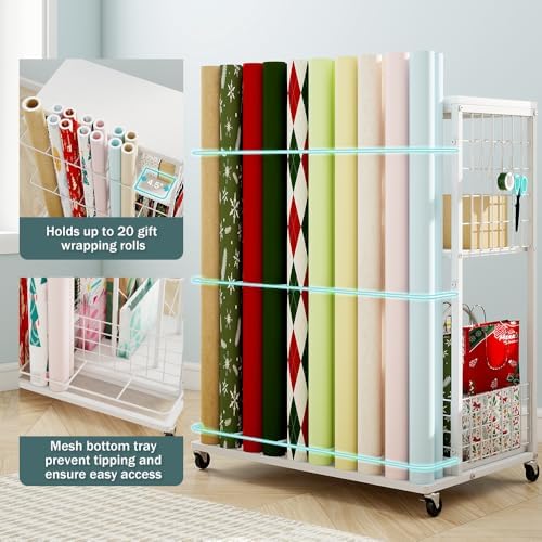 LUCKUP Rolling Wrapping Paper Organizer Cart – Gift Wrap Storage with Wheels, 20 Roll Holders, 3 Drawers & Ribbon Dispenser, Craft Organizer for Christmas, Birthdays, White - Image 4