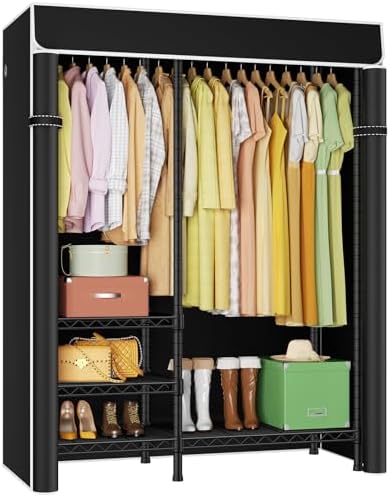 Ulif F4C Heavy Duty Clothes Rack with Dustproof Cover，Freestanding Clothing Racks for Hanging Clothes，Adjustable Closet Organizer System，Portable Garment Rack 45"W*15.8"D*71.3"H，Max Load 600LBS，Black by Ulif