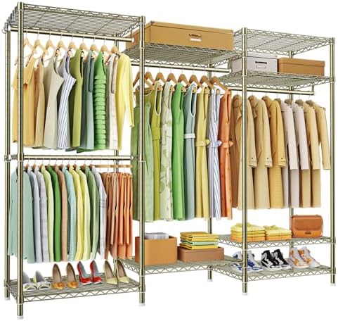 Ulif E13 Heavy Duty Clothes Rack（With 4 Hanger Rods & 8 Shelves） Freestanding Clothing Racks for Hanging Clothes，Adjustable Closet Organizer，Metal Garment Rack 63" W x16 D x77 H，Max Load 900LBS，Gold by Ulif