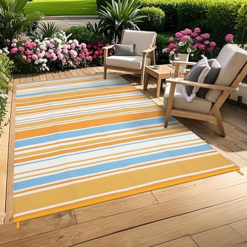 GAOMON 8x10 Large Outdoor Rug Waterproof for Patio Plastic Straw Rug Geometric Stripe Indoor Outdoor Area Rug Modern Lines Camping Rugs for RV Porch Deck Backyard Balcony, Orange Yellow Blue White by GAOMON