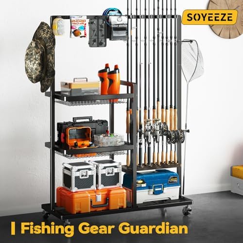 SOYEEZE Fishing Rod Holders for Garage,Fishing Gear Holder for Fishing Rod Tackle Box Storage，Fishing Pole Holders for 12 Rods with Hooks and Pegboard,Fishing Cart with 2 Baskets, Standard Size - Image 6