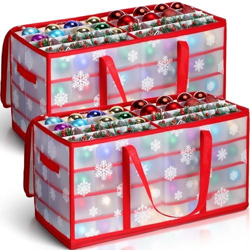 Hosuly 2 Pcs Plastic Christmas Ornaments Storage Box with Dividers, Zippers, 8 Trays,128 Slots, Christmas Storage Containers Xmas Ornaments Organizer for Holiday Balls Ornaments(Snowflake) by Hosuly