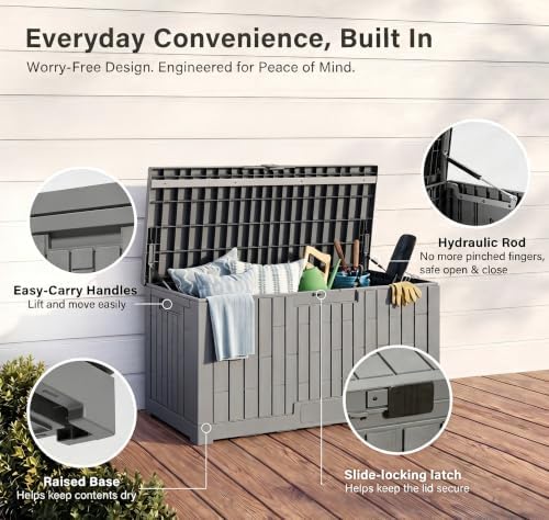 LAUSAINT HOME 100 Gallon Resin Deck Box, Package Delivery Box with Lockable Lid, Waterproof Outdoor Storage Box For Garden Tools, Patio Cushions(100 Gallon,Grey) - Image 3