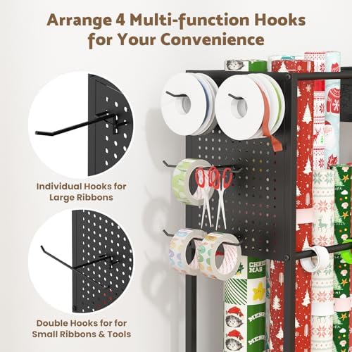 Wrapping Paper Storage Cart, Rolling Gift Wrap Station with Drawer & Hooks - Image 4