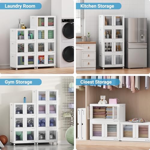 BROVIEW 400 Qt Stackable Storage Bins with Lids & Doors, 4 Pack Plastic Closet Organizer and Storage Drawers with Wheels, Large Collapsible Storage Boxes, Cabinet for Home, Office, V10, White - Image 4