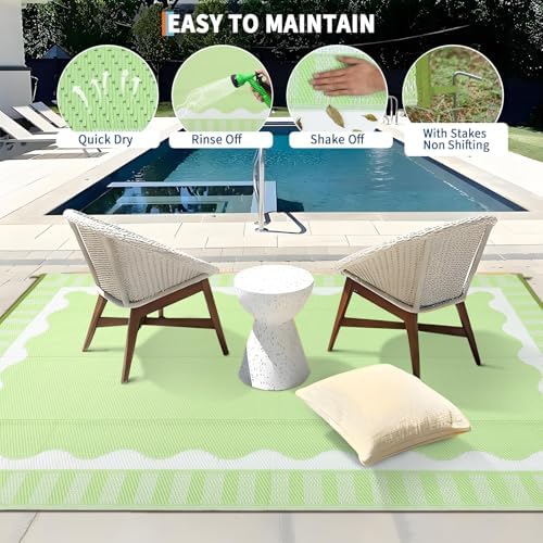 Garvee 8x10 Outdoor Rug, Scalloped Border Waterproof Camping Rugs, Green - Image 5