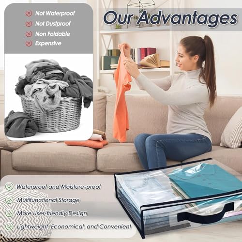 6 Pcs Clear Clothes Storage Bag Organizer with Reinforced Handle, Clothes Blankets Storage Bags for Sweater Clothes Bed Sheet Quilt Organizer with Zipper for Closet Linen Sweater Bed Sheet Pillow - Image 4