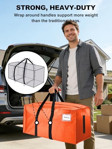 HOMESURE8 Pack 40 Gal Large Strong Moving Bags with Zippers & Carrying Handles - Water-Resistant - Heavy Duty Storage Tote for Space Saving, Fold Flat, Alternative to Moving Box (Orange) - Image 2
