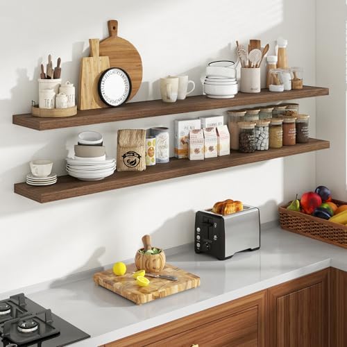 Acovy 72 Inch Floating Shelves, 8 Inch Deep Floating Shelves for Wall, Hanging Shelf with Invisible Brackets, Deep Shelves for Bathroom, Bedroom, Living Room, Walnut, Set of 2 - Image 2