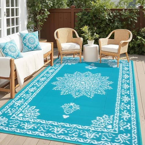 Yamaziot 6x9Ft Outdoor Rug Waterproof Plastic Straw Outdoor Patio Rug, Teal by Yamaziot
