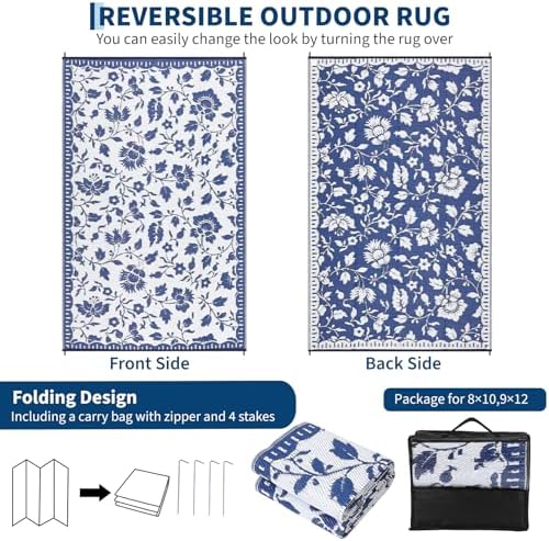 Garvee Floral Outdoor Rug 9x12 Patio Rugs Outdoor Waterproof, Navy＆White - Image 6