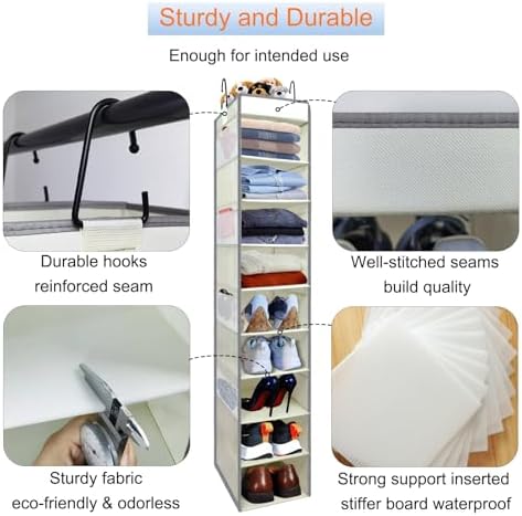 2 Pack Large-Sized Hanging Shoe Organizer 10-Shelf, Sturdy Hanging Closet Organizer with 8 Side Pockets, Wider Hanging Shelves for Storage Shoes Clothes Jeans Shirts Toys, Beige - Image 4