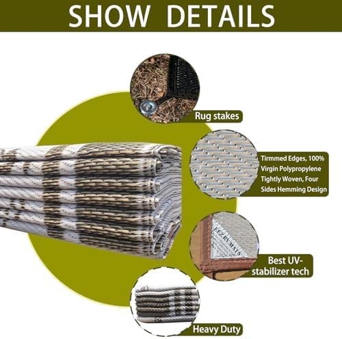 EEZ RV Products 9'x12' RV Mat Vine Brown Heavy Duty Reversible/Durable RV Rugs for Outside Patio/RVing Mats with Large Storage Bag & 6 Sets of Stakes and Washer (9ftx12ft Vine Brown) - Image 2