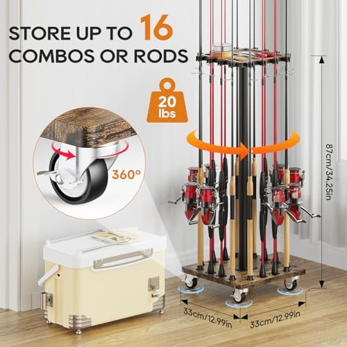 Fishing Rod Rack for 16 Poles - 360° Rotating Base, Easy to Install & Durable Wooden Pole Holders for Garage, Fishing Rod Equipment Organizer Storage Stand for Ground, Fishing Gifts for Men, Brown - Image 2
