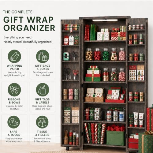 FIMELLO 71" H Gift Wrap Storage Cabinet, Craft Storage Cabinet, Rustic Oak - Image 3