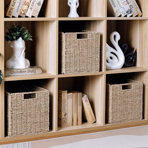 10.5 x 10.5in Cube Seagrass Storage Baskets, Foldable Square Wicker Storage Baskets for Shelves Set of 3, Large Cubby Rattan Basket, Collapsible Cube Storage Bins - Image 4