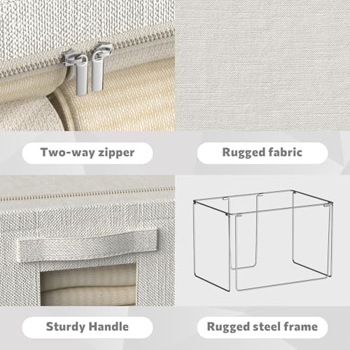 FHSQX 6 Pack Clothes Storage Bins with Metal Frame 100L Foldable Storage Bins for Clothes Linen Fabric Storage Box with Clear Window (Lvory White, 23.6x16.5x15.7inch(100L)) - Image 4