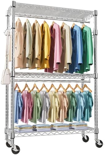 M MZG Heavy Duty Rolling Garment Rack 3 Tiers Adjustable Wire Shelving Clothes Rack with 2 Rods and Side Hooks, Storage Closet Clothing Rack with Wheels Chrome 17.7" D x 47.2" W x 83.6" H by MEIGAOPLASTICANDMETALHKCOLIMITED