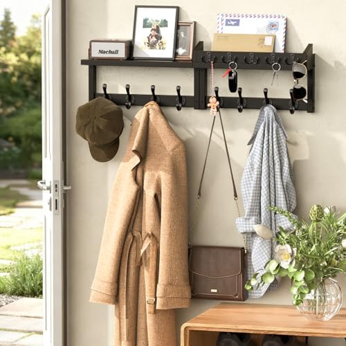 35'' Long Black Coat Rack Wall Mount with Shelf, Solid Wood Coat and Key Hanger with 13 Metal Hooks, Farmhouse Wall Organizer for Mail, Entryway Wall Hangers for Hats, Clothes, Backpacks - Image 2