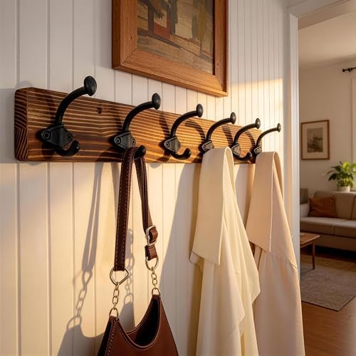 WEBI Rustic Coat Rack Wall Mount,24" Long 6 Cast Iron Coat Hooks Wall Mounted,Heavy Duty Farmhouse Wood Coat Hanger Wall Antique Vintage Hooks for Hanging Jacket,Clothes,Backpack,Brown - Image 2