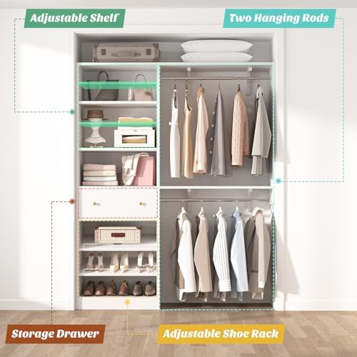 [10 FT Closet System] 120 Inch Reversible Set of 2 Wood Closet Organizer System with 2 Drawers, 4 Hanging Rods Adjustable Shelf, Walk In Closet Organizers with Shoe Rack, Garment Rack, White - Image 6