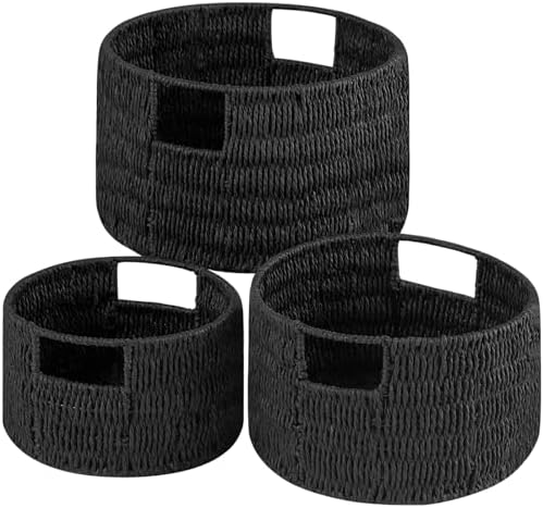 Vagusicc Wicker Storage Basket, Hand-Woven Paper Rope Large Round Woven Basket With Handles, Wicker Baskets for Organizing/Storage, Black, 3-Pack by Vagusicc